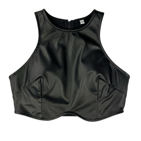 Black Faux Leather Corset Style Crop Top Sleeveless Underbust Size M - Picture 3 of 11